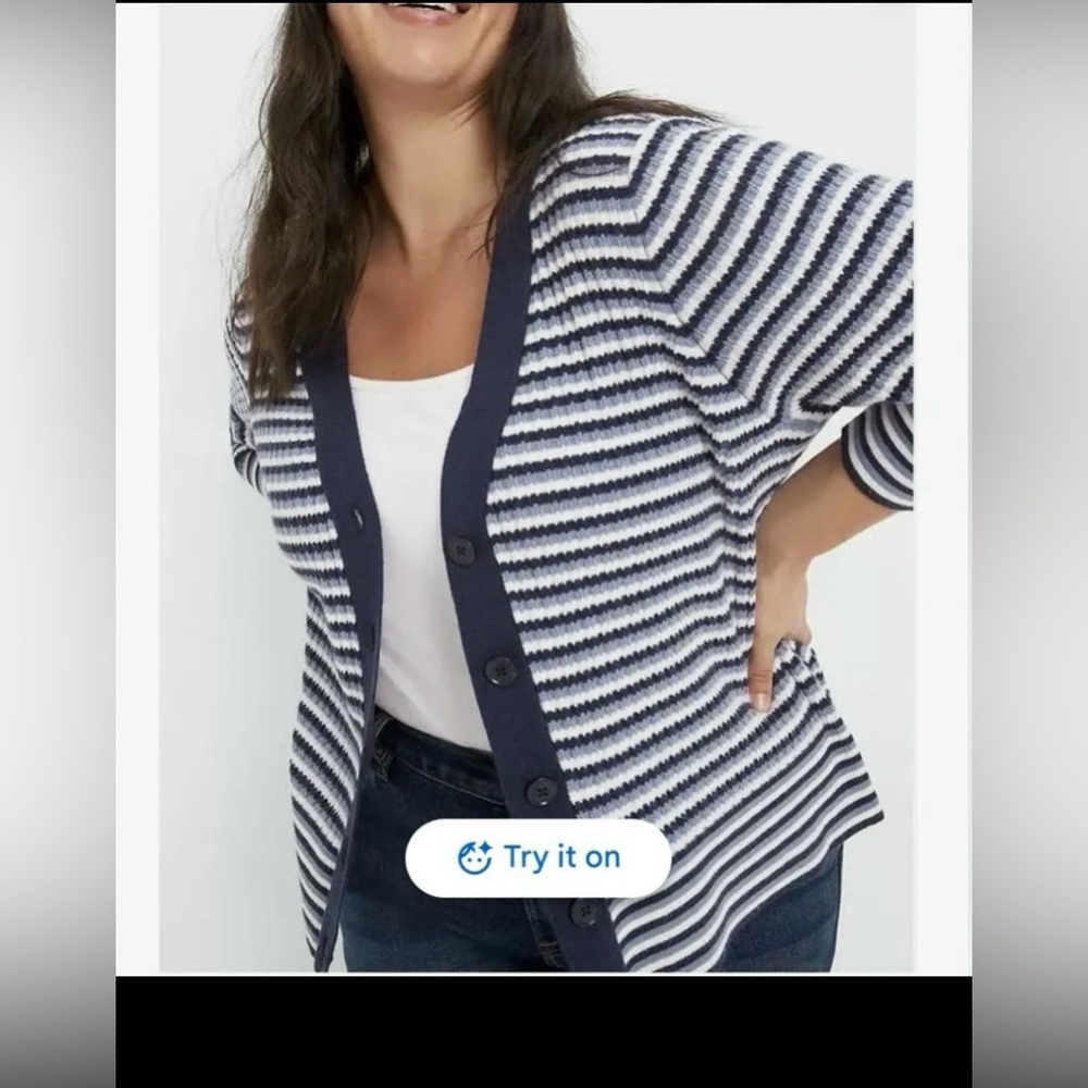 Lane Bryant Striped Knit Sweater Front Buttons Ribbed Blue White Plus Size 26/28